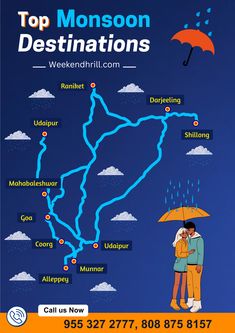 an advertisement for a travel company with two people under an umbrella and the words top monsson destinations