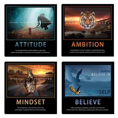 four different types of motivational posters with animals and words that say attitude, altitude, mind set, believe in