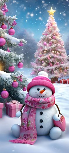 a snowman is sitting in front of a christmas tree