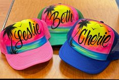 Our personalized trucker caps make a great gift for a party or special occasion. We can airbrush your hat with your name or up to a few words. They look great and stand out for just about anything. Personalized Fun Summer Trucker Hat, Personalized Summer Trucker Hat, Customizable Fun Summer Trucker Hat, Cactus Painting, Beach Scene, Louisville Ky, Beach Scenes, Amelie, Hobby Lobby