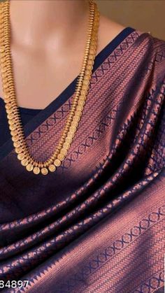 Purple Satin Saree Blouse Designs, Formal Purple Silk Saree, Golden Saree With Blue Blouse, Gold Silk Bollywood Saree, Brass Saree Blouse Design, South Indian Sarees, Pearl Necklace Designs, Silk Saree Blouse