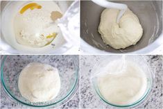 four pictures showing how to make bread dough