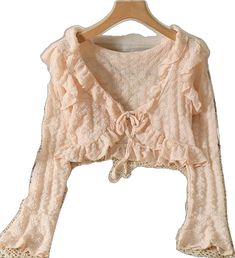 Cottagecore Summer Cropped Cardigan Bolero Trendy Cropped Summer Cardigan, Feminine Long Sleeve Summer Cardigan, Fitted Summer Cardigan For Brunch, Spring Trendy Ruffled Cardigan, Trendy Ruffled Spring Cardigan, Cropped Cardigan For Summer Day Out, Cropped Summer Cardigan For Day Out, Summer Cropped Cardigan For Day Out, Beige Cropped Spring Cardigan