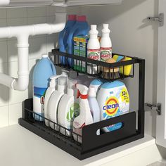 a kitchen sink filled with lots of cleaning products