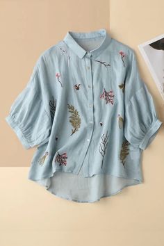 Embroidered Relaxed Fit Collared Blouse, Embroidered Collared Blouse Relaxed Fit, Embroidered Collared Blouse With Relaxed Fit, Fall Floral Embroidered Button-up Blouse, Fall Floral Embroidery Button-up Blouse, Embroidered Button-up Blouse For Fall, Fall Collared Tops With Floral Embroidery, Fall Embroidered Button-up Blouse, Casual Collared Blouse With Floral Embroidery