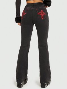 Cross Embroidery Flare Leg Jeans Black    Denim Graphic Flare Leg High Stretch  Women Clothing, size features are:Bust: ,Length: ,Sleeve Length: Influencer Closet, Single Clothes, Grunge Pants, Cross Pants, College Wardrobe, Gothic Pants, Skeleton Hoodie, Cross Embroidery, Embellished Jeans