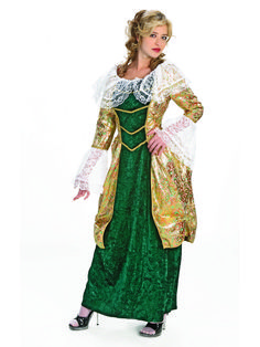 Lovely, 18th Century ladies costume in dark green velour, with the upper bodice and peplum, made of a gold metallic brocade fabric, with shades of green & a peachy/pink. Trimmed with wide white lace. One piece, zippered back, with a set in waist. Standard or medium measures 36"-38" bust, 32" waist. Large measures 40"-42" bust, 34"-36" waist. Overall length is 56" Medieval Costume Women, Queen Guinevere, Evil Queen Costume, Vampire Dress, Ancient Dress, California Costumes, Queen Costume, Medieval Costume, Queen Dress