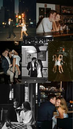 black and white photos of people at a bar in the night, with one man kissing another woman