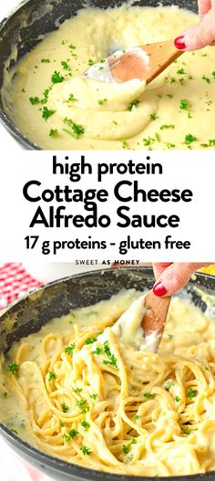 two images showing how to make high protein cottage cheese alfredo sauce in a skillet