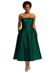 Formal Satin Strapless Midi Dress, Satin Strapless Midi Dress For Gala, A-line Midi Dress With Pockets For Party, Elegant Evening Midi Dress With Pockets, Black Satin Bridesmaid Dress, Hunter Green Dresses, Midi Bridesmaid Dress, Full Midi Skirt, Senior Prom Dresses