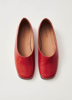 Edie Red Leather Ballet Flats | ALOHAS Minimalistic Shoes, Red Leather Ballet Flats, Red Leather Shoes, Choppy Bob, Choppy Bob Hairstyles, Number 16, Red Flats, Vegan Boots, Sustainable Leather