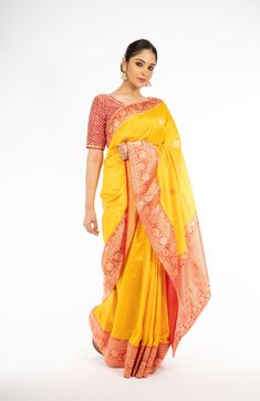 Engrossing Yellow and Red Color Handloom Banarasi Silk Saree – Panache Haute Couture Pre-draped Saree For Puja Festivals, Traditional Pre-draped Paithani Silk Saree, Designer Paithani Silk Pre-draped Saree For Festivals, Banarasi Silk Pre-draped Saree For Puja And Navratri, Pre-draped Saree With Zari Weaving For Navratri, Navratri Pre-draped Saree With Zari Weaving, Anarkali Cotton Silk Traditional Wear For Ceremonies, Bollywood Cotton Silk Dupatta For Puja, Yellow Traditional Wear With Zari Weaving