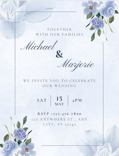 a wedding card with blue flowers on it