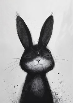 a black and white drawing of a rabbit with its eyes closed in front of the camera