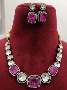 Sabyasachi Inspired Victorian Dual Tone Finish Uncut Polki Moissanite Kundan and Doublet Stone Necklace Set with Earrings - Hot Magenta Pink Formal Festive Kundan Necklace With Stone Setting, Festive Formal Kundan Necklace With Stone Setting, Formal Jewelry Sets With Cutdana For Festivals, Formal Cutdana Jewelry Sets For Festivals, Formal Sets For Diwali, Formal Kundan Necklace With Gemstones, Traditional Pink Kundan Necklace For Formal Occasions, Formal Fusion Kundan Necklace With Stone Work, Formal Kundan Gemstone Necklace For Festivals