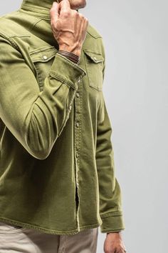 Ranger Snap Shirt In Avocado - AXEL'S Americana Style, Americana Fashion, Colored Denim, Premium Denim, Classic Shirt, Sport Coat, Stretch Denim, Military Jacket, Avocado