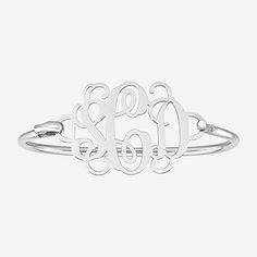 Add some sleek style to your look with this personalized monogram bangle bracelet.Personalization: Up to 3 initials. Initials will appear exactly as entered; center initial will be enlarged.Features: Monogrammable, PersonalizedCircumference: 7 1/2 InchMetal Color: WhiteChain Width: 46 MillimetersCare: Wipe CleanBracelet Type: Bangle BraceletsMetal: Sterling SilverAssembled in the US from Imported Materials Bracelets Bangle, Bracelet Metal, Personalized Monogram, Sleek Fashion, Bangle Bracelet, Rhodium Plated, Jewellery And Watches, Bangle Bracelets, Silver Bracelet