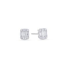 These diamond stud earrings feature five emerald cut diamonds accented by four round white diamonds. They amass a .31 carat weight, and shine super brightly due to their combined cuts. Classic Diamond White Baguette Diamond Earrings, Modern Emerald Cut Diamond Earrings, Baguette Diamond Earrings With Emerald Cut, Emerald Cut Baguette Diamond Earrings, White Emerald Cut Baguette Diamond Earrings, Timeless Emerald Cut Diamond Earrings, White Emerald Cut Diamond Earrings With Accents, Emerald Cut Stud Earrings, Band Necklace