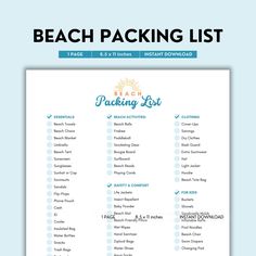 the beach packing list is shown in blue and white with text that reads, beach packing list