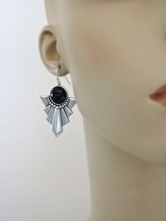 "Vintage Jewelry - Art Deco Earrings - Silver Earrings - Black Earrings - Statement earrings - Chloe's Vintage handmade jewelry Very cool silver plated Art Deco inspired earrings embellished with black faceted vintage glass stones. Chloe says, \"Wear them and feel fabulous!\" They measure 2 1/8\" long from the top of the silver ear wires. Thanks for visiting Chloe's" Nickel-free Art Deco Dangle Earrings, Nickel-free Dangle Art Deco Earrings, Art Deco Sterling Silver Dangle Earrings, Nickel-free Dangle Earrings In Art Deco Style, Nickel-free Art Deco Metal Earrings, Unique Black Pierced Earrings, Art Deco Silver Earrings For Gift, Handmade Art Deco Silver Earrings, Handmade Silver Art Deco Earrings