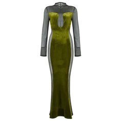 Enhance your style with this elegantly designed Mesh Insert Long Sleeved Velvet Maxi Dress. Constructed with high-quality velvet material, the dress features stunning mesh inserts and long sleeves for a stylish yet modest look. Perfect for any formal event, this dress will make you stand out in the crowd. Fabric: Medium Stretch Material: Polyester, Elastane Long Sleeve Mesh Evening Dress, Long Sleeve Mesh Dress For Evening, Long Sleeve Mesh Dress For Fall Parties, Long Sleeve Mesh Dress For Fall, Fall Mesh Long Sleeve Dress, Fall Mesh Dress With Long Sleeves, Fall Party Long Sleeve Mesh Dress, Fall Long Sleeve Mesh Dress, Green Fitted Velvet Dress With Long Sleeves