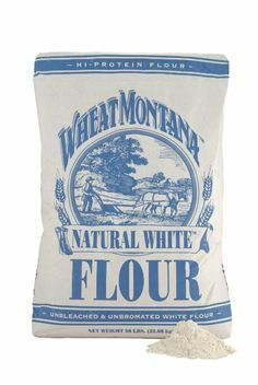 flour bag with flour in front of it and the words wheat montanan's natural white flour next to it