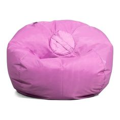 a pink bean bag chair sitting on top of a white floor