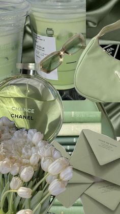 a collage of chanel perfumes, flowers, and other items in shades of green