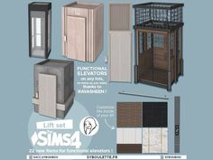 an advertisement for the sims4 kitchen furniture set, including cabinets and refrigerators