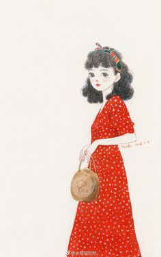 a drawing of a girl in a red dress carrying a basket