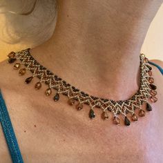 "I call this collar style 'Egyptian Lace,' which seems to sum up the differing elements that make this such a beautifully delicate necklace.  Gold, bronze, and brown seed and drop beads for a Fall aesthetic.  Clasp is gold-plated. Length is approximately 17.25\" including clasp. If you are seeking something specific, let me know - custom orders are a delight! I want you to be happy with your order, so I do accept returns provided the item is unused and in it's original condition.  Please let me know within three days of receipt.  Return postage will be the buyer's responsibility." Beaded Copper Teardrop Jewelry, Copper Beaded Teardrop Jewelry, Copper Teardrop Beaded Jewelry, Bohemian Teardrop Beaded Necklaces For Jewelry Making, Bohemian Teardrop Beaded Necklace For Jewelry Making, Bohemian Teardrop Beads For Jewelry Making, Beaded Teardrop Brown Necklace, Brown Beaded Teardrop Jewelry, Brown Beaded Teardrop Necklace