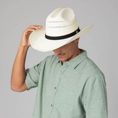 The Mens Ivory Cowboy is a stunning hat designed for those who want to stay stylish and protected from the sun. Crafted from 100% paper, this cowboy hat is a classic cattleman's crease cowboy with a 4" brim, crown ventilation, and faux suede band. Offering UPF 50+ sun protection, the Mens Ivory Cowboy is the perfect luxurious accessory for your next outdoor excursion. Features: Color: IvoryMaterials: 100% PaperSize: 59cmBrim Size: 4"Sun Protection: UPF 50+ White Country Hat In Toquilla Straw, White Country Style Hat In Toquilla Straw, White Toquilla Straw Hat For Country Events, White Country Style Toquilla Straw Hat, White Panama Hat With Short Brim For Rodeo, White Western Panama Hat With Curved Brim, White Western Panama Hat With Short Brim, White Western Boater Hat With Curved Brim, White Short Brim Panama Hat For Rodeo