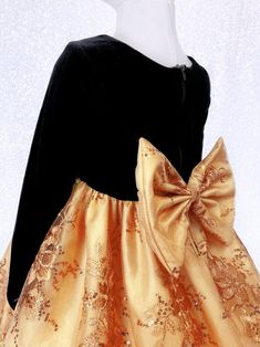 Long Sleeve Black Velvet Gold Embroidery Bow Formal Gown Junior Infant Flower Girl Birthday Party Pageant Graduation Winter Fall Christmas - Etsy Fitted Winter Celebration Dress, Christmas Celebration Dress With Long Sleeves, Long Sleeve Christmas Celebration Dress, Christmas Celebration Long Sleeve Dress, Fitted Holiday Gown For Festive Occasion, Fitted Holiday Festive Gown, Long Sleeve Princess Dress For Holiday Party, Holiday Party Dress With Bow, Festive Princess Dress In Gold