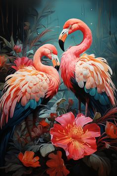 two flamingos standing next to each other in front of plants and flowers on a dark background