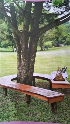 there is a picnic table and bench under the tree