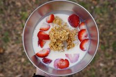 a person holding a metal bowl with yogurt and strawberries in it on the ground