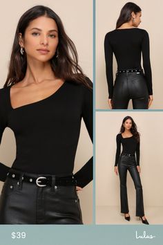 Make your style stand out amongst the crowd with the Lulus Seek Me Out Black Long Sleeve Asymmetrical Bodysuits! Soft and stretchy jersey knit shapes this eye-catching bodysuit that has a fitted bodice, long sleeves, and an asymmetrical neckline. Attached thong bottoms have snap closures. Pair this bodysuit with your favorite high-waisted denim for a twist on a classic look! Fit: This garment fits true to size. Length: Size medium measures 27" from shoulder to hem. Bust: Great for any cup size. Elegant Stretch Bodysuit With Asymmetrical Neckline, Elegant Fitted One-shoulder Bodysuit, Asymmetrical Black Stretch Bodysuit, Elegant Fitted Bodysuit With Asymmetrical Neckline, Chic Elastane Bodysuit For Night Out, Chic Night Out Elastane Bodysuit, Trendy Elastane Bodysuit For Party, Fitted Bodysuit With Asymmetrical Neckline For Night Out, Fitted Bodysuit With Asymmetrical Neckline For Evening