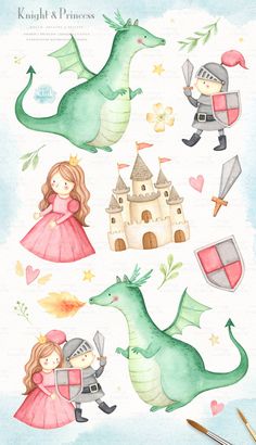 watercolor illustrations of children's characters in medieval dress and knight, with dragon, castle