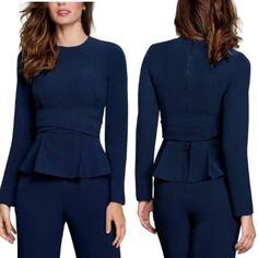 Dress The Population Navy Blue Andreas Long Sleeve Wrap Top Nwt Size 2xs Long Sleeve Zip Closure Peplum Style 97% Polyester 3% Spandex Condition: New With Tags Approximate Measurements (In Inches And Laid Flat): Length: 20 1/2" Pit To Pit 17" Thank You For Checking Out My Closet! Please Let Me Know If You Have Any Questions Ag26 Navy Fitted Tops For Workwear, Elegant Fitted Navy Top, Navy Chic Fitted Tops, Chic Navy Fitted Tops, Navy Fitted Top For Night Out, Blue Fitted Tops For Workwear, Blue Fitted Tops For Work, Elegant Fitted Blue Tops, 60 Dress