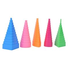 colorful plastic cones are lined up in a row on a white background, with one cone facing the camera