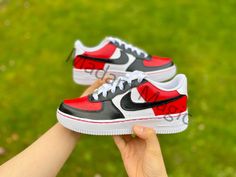 * Hand painted custom Air Force 1 07 Low * Not vinyl, stickers or patches * No returns, refunds or exchanges * Processing time is 2-3 weeks * I cannot expedite orders or make for a specific date * Delivery time depends on country * Cancellations up to 24 hours after purchase * Please try on shoes in a store to make sure you order the correct size * Please order correct size - if you order incorrect size this is your own responsibility * If you order a women's size it is possible you receive the men's option of the same size -the shoes will be the same only the number on the box will differ * Wipe clean only, no washing or picking * Shoes are 100% genuine and can be proven so * Shoes are bought from a genuine retailer, copy of original receipt of purchase can be provided upon request * If y Custom Black Low-top Sneakers, Casual Customized Black Sneakers, Casual Black Customized Sneakers, Custom Low-top Sneakers With Red Sole, Customizable Black Sneakers With Round Toe, Custom Black Sneakers For Sports, Custom Logo Sneakers With Round Toe For Streetwear, Customizable Black Low-top Sneakers, Streetwear Custom Sneakers With Round Toe And Logo