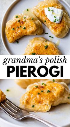 there is a white plate with some food on it and the words grandma's polish piergi