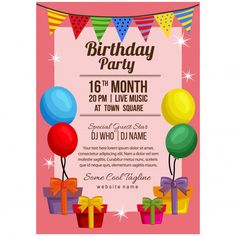 a birthday party flyer with balloons and presents on pink background, for an event or celebration