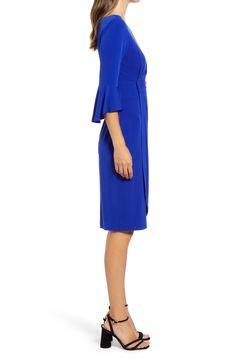 Step into the social season with confidence in this faux-wrap dress made from soft, stretchy jersey with side ruching and abbreviated sleeves. 40" length (size 8) Slips on over head Ballet neck Three-quarter sleeves Unlined 96% polyester, 4% spandex Machine wash, tumble dry Imported Blue Ruched Elastane Dress, Fitted Dress With Surplice Neckline In Elastane, Fitted Elastane Dress With Surplice Neckline, Fitted Midi Dress With Pleated Waist And Surplice Neckline, Fitted Blue Midi Dress With Pleated Sleeves, Fitted Dress With Draped Sleeves And Surplice Neckline, Faux Wrap Dress, Nordstrom Dresses, Three Quarter Sleeves