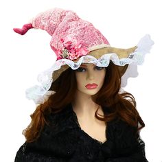 This pink rose and lace Fairy Godmother witch hat is ready for a festival, a renfaire costume, a convention, role play, or even an accent for your nursery. Elegant with a touch of granny-core fun, I felted the lace doily right into the hat, giving it an antiqued wrinkled vibe. The quality suede brim is wired and edged with ruffled lace, and you can shape it at will. The soft old fashioned pink rose has a vintage-look rhinestone butterfly nestled in the petals, for that touch of cottage fairy gar Whimsical Pink Costume Hats For Carnival, Whimsical Pink Costume Hats And Headpieces For Carnival, Pink Whimsical Costume Hats For Carnival, Pink Costume Hats And Headpieces For Halloween, Pink Adjustable Costume Hat For Carnival, Adjustable Pink Costume Hat For Carnival, Pink Wide Brim Costume Hat For Festival, Adjustable Pink Carnival Hat, Pink Halloween Costume Hat