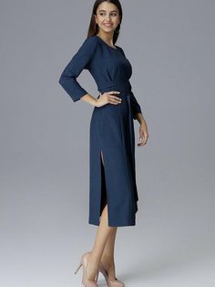 Dress over the knee with 3/4 sleeves, tied at the waist. Delicate topstitching shapes the silhouette nicely. Side slits add chic and elegance. Shangri La, La Fashion, Model Dress, Over The Knee, The Knee, Cocktail Dress, Navy Blue, Blue