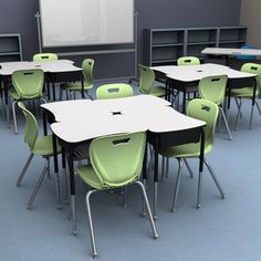 an empty classroom with desks and chairs