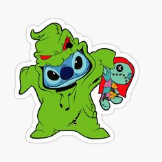 a green cartoon character with a red heart sticker on it's chest and arms in the air