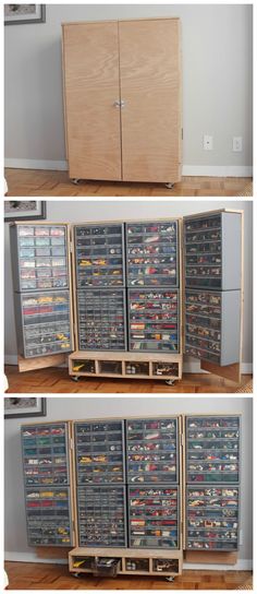 two pictures showing the different parts of a storage unit with doors open and drawers closed