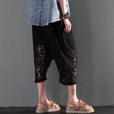 2016 Black lace pants summer women crop harem pants unique styleThis dress is made of cotton or linen fabric, soft and breathy, suitable for summer, so loose dresses to make you comfortable all the time.Measurement: One Size: length 78cm / 30.42" Waist 49cm / 19.11"Hip118cm / 46.02" Leg Cir 61cm / 23.79" Pants Cuff 41cm / 15.99" crotch front 60cm / 23.4"Materials used:lacePayment: We accept payment by paypal and credit card. if you would like to pay by credit card, please choose payment by paypa Lace Pants Outfit, Black Lace Pants, Pants Unique, Dresses To Make, Summer Pants Outfits, Loose Dresses, Lace Pants, Pants Summer, Cuffed Pants